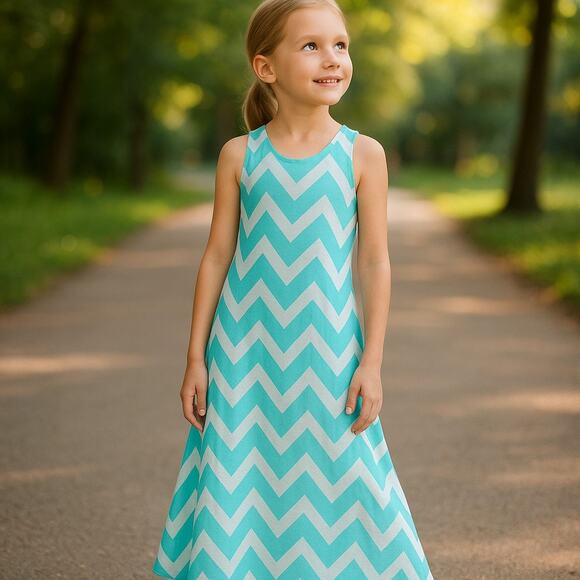 Whoops! Girls Dress Size 10 12 Maxi Blue White Chevron Sleeveless Tank - Picture 3 of 10
